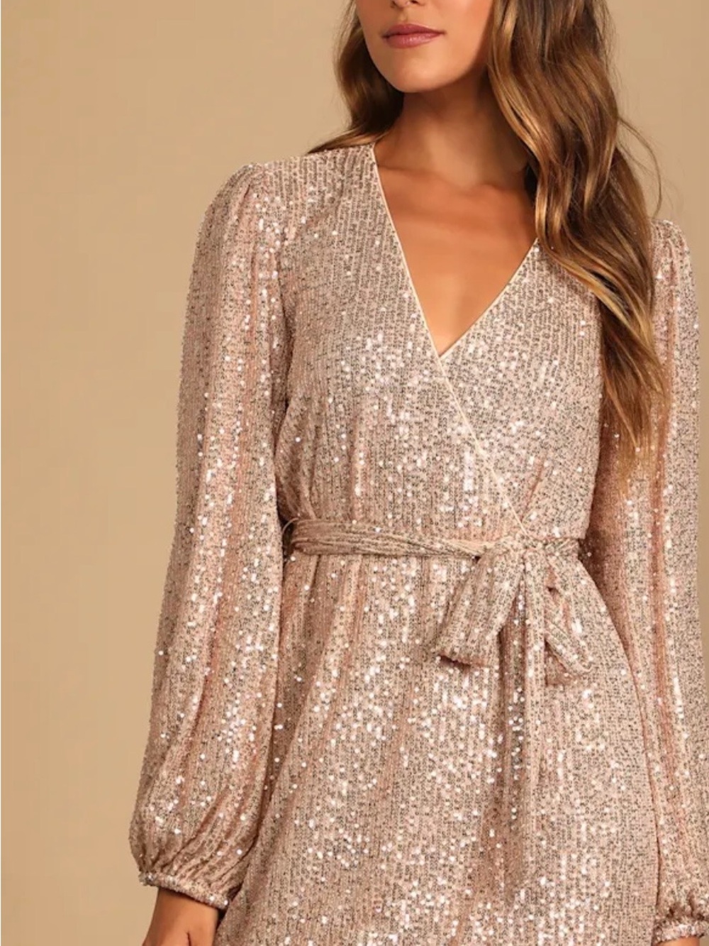 Lulus Sparkly Darling Rose Gold Sequin Long Sleeve Dress